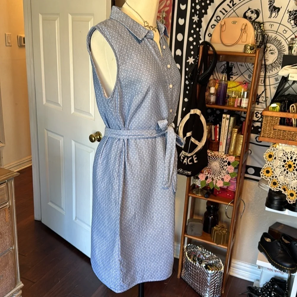 Tommy Hilfiger mini dress white polka dot/ blue collared belted half button sz10 - Picture 5 of 12